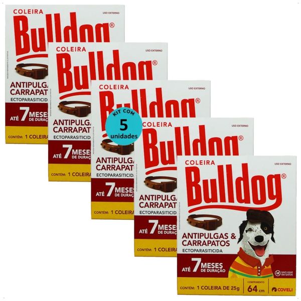COLEIRA ANTIPULGAS E CARRAPATOS BULLDOG 7 COM 64CM E 25G PARA CÃES COVELI KIT COM 5